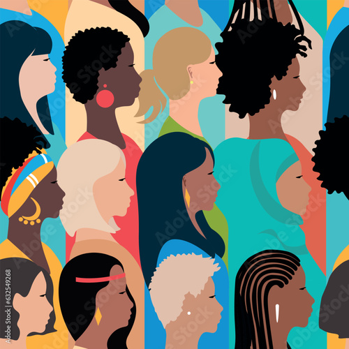 Profiles of beautiful women of different nationalities and cultures stand together. Feminism, women's friendship, equality, women's day, fight for women's rights. Vector seamless pattern.