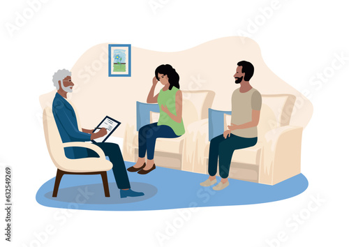 A young married couple is on a therapy session in the office of a family psychologist. Consultation, training, problem solving and psychological assistance. Vector illustration in a flat style.