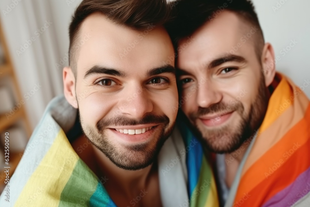 cheerful gay couple with rainbow, portrait and love while bonding at home cheerful gay couple with rainbow, portrait and love while bonding at home