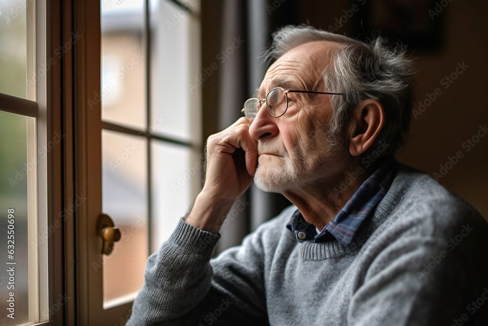 Generative AI : Asian elderly senior male or depressed grandpa at nursing home living room on quarantine looking out window feeling sad missing unhappy thoughtful in mental health care in older people Generative AI : Asian elderly senior male or depressed grandpa at nursing home living room on quarantine looking out window feeling sad missing unhappy thoughtful in mental health care in older people