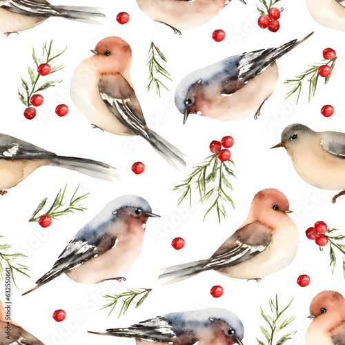 Cute Christmas seamless pattern with spruce branches, red holly berries and birds. Holiday background in hand drawn watercolor style.