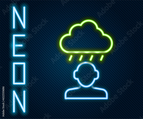 Glowing neon line Depression and frustration icon isolated on black background. Man in depressive state of mind. Mental health problems. Colorful outline concept. Vector