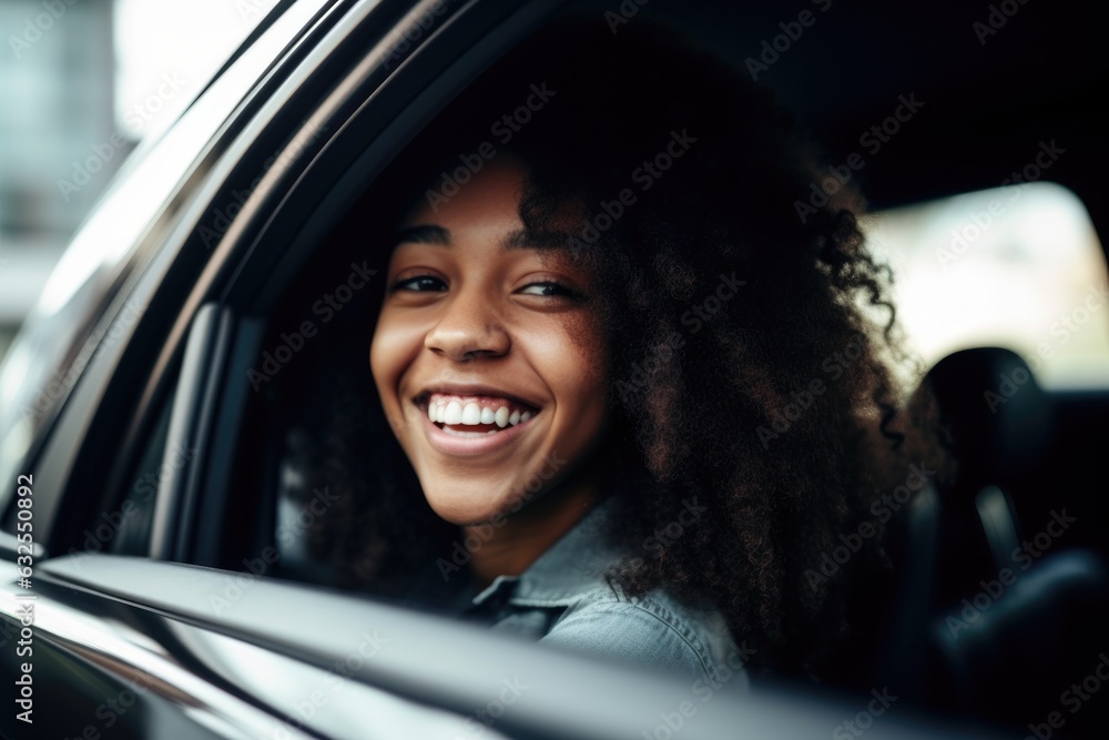 shot of an attractive young woman smiling while driving with a passenger in the back seat