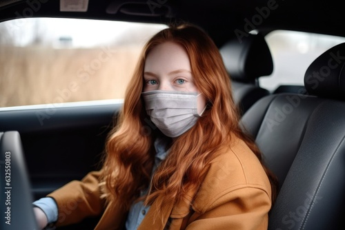 portrait of a young woman wearing a mask in the back seat of her car © Natalia