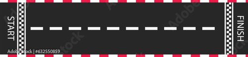 Linear race track with start and finish line. Car or karting road racing background. top view.