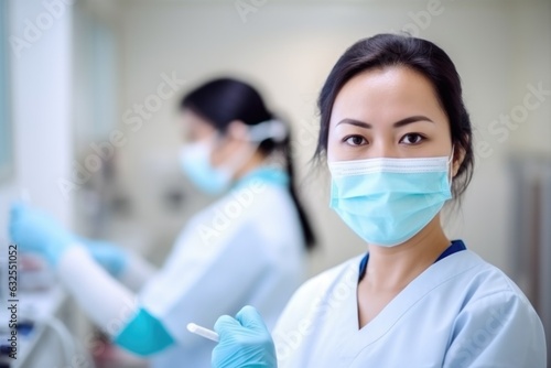 woman with dentist tools on  focus blur and healthcare of dental clinic staff