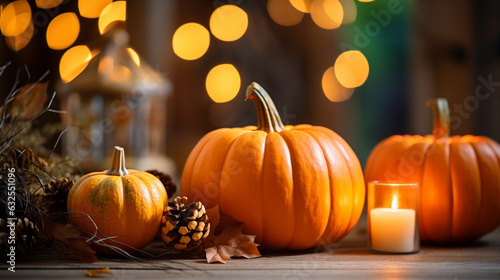 Warm and inviting ambiance created by pumpkins and candlelight, Fall home decoration, pumpkins, candles, natural light, affinity, bright background Generative AI