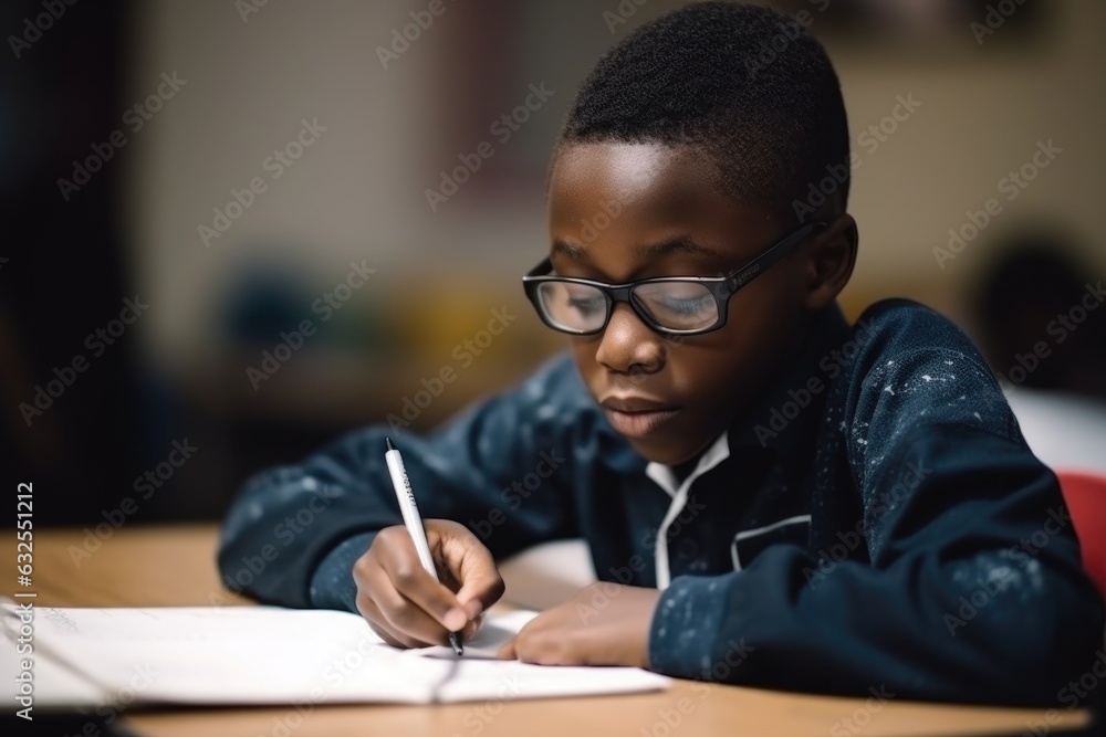 education, back and learning with a black boy doing homework in class at school while on break education, back and learning with a black boy doing homework in class at school while on break