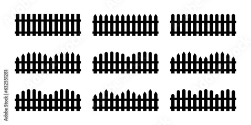Set black silhouette picket fence repeat isolated. Vector
