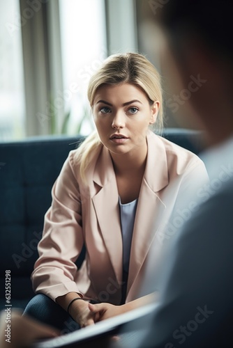 shot of a young woman looking stressed out during her consultation with a counsellor