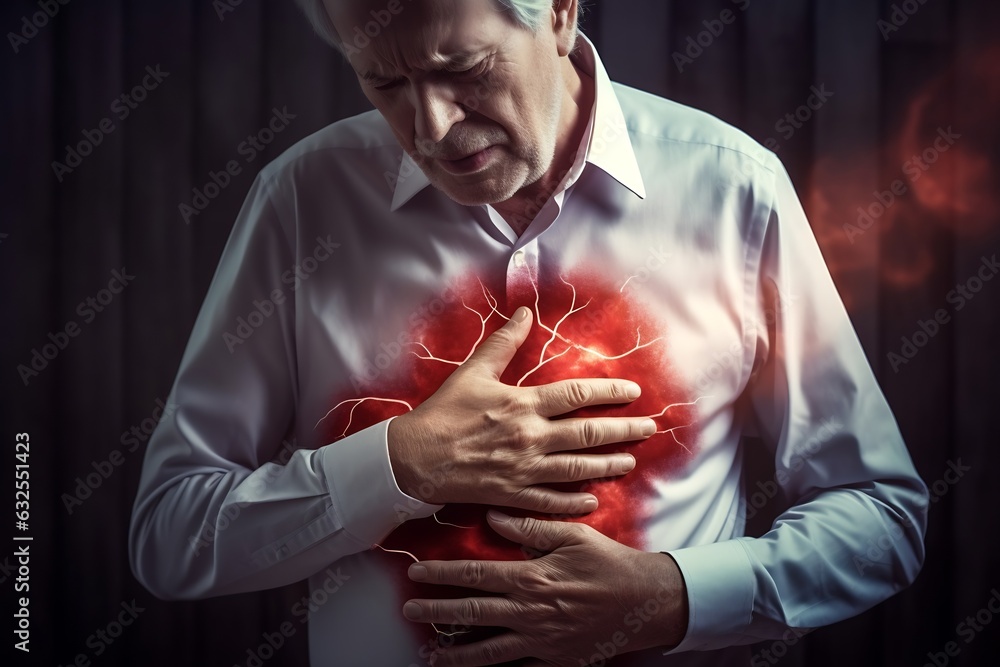 Generative AI Older asian man clutching and having chest pain cause