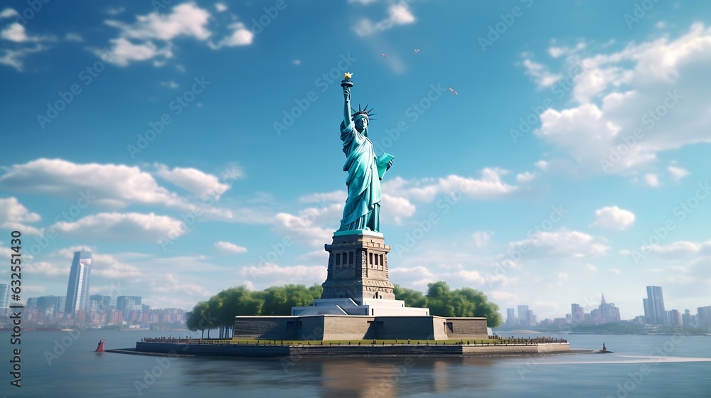 Generative AI : Panoramic of The Statue of Liberty in New York City Statue of Liberty with blue sky over hudson river on island Landmarks of lower manhattan New York city