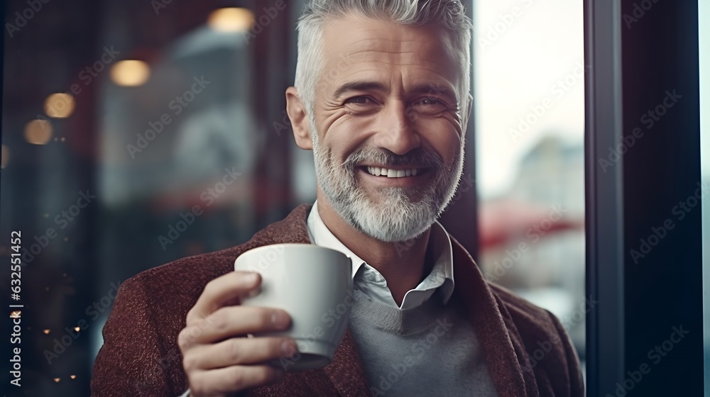 Generative AI : Mature man with white stylish short beard looking outside window Casual lifestyle of retired hispanic people or adult asian man thinking and feeling confident sitting at modern coffee Generative AI : Mature man with white stylish short beard looking outside window Casual lifestyle of retired hispanic people or adult asian man thinking and feeling confident sitting at modern coffee