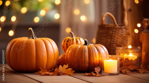 Cozy and romantic evening setup with pumpkins and softly glowing candles  Fall home decoration  pumpkins  candles  natural light  affinity  bright background Generative AI