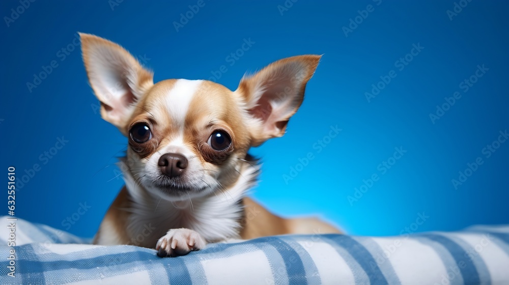 Generative AI : Adorable longshort hair chihuahua dog sleepy lying on mat with home living room background Beautiful mark with blackbrown and white color Nap or sleeping dog resting on weekend or holi