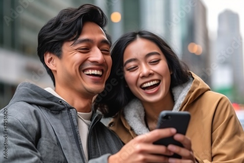 Generative AI : Asian charming trusted couple looking and checking multimedia and application on smartphone gadget in modern public place feeling happy and enjoy in love moment