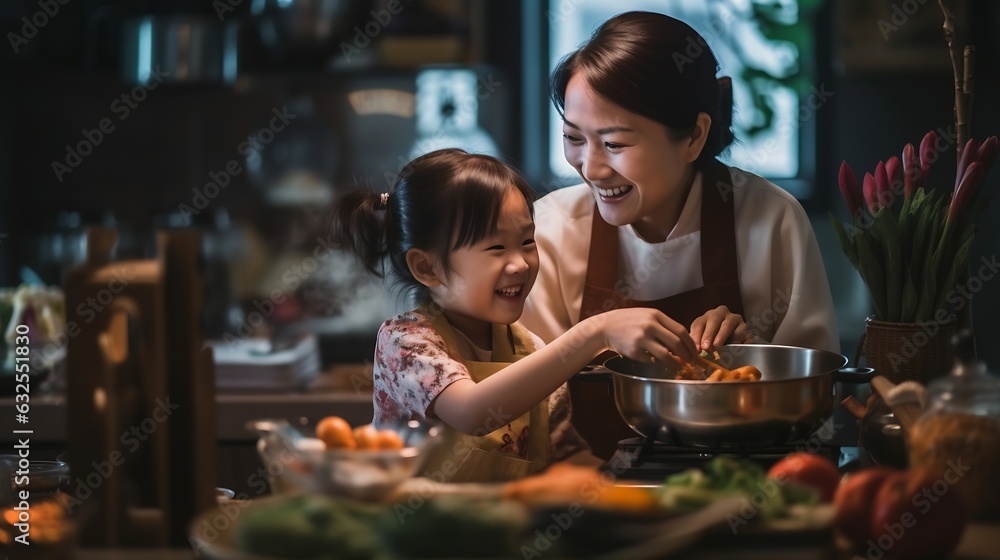 Generative AI : Middle aged mom smile joy look at young grown up kid child with love care good warm time Asia people woman adult older mum parent sitting at home night dinner outdoor house party happy