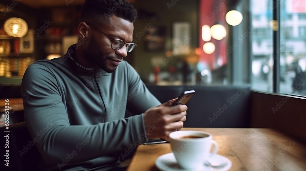 Generative AI : Man using smartphone with laptop in coffee cafe shop