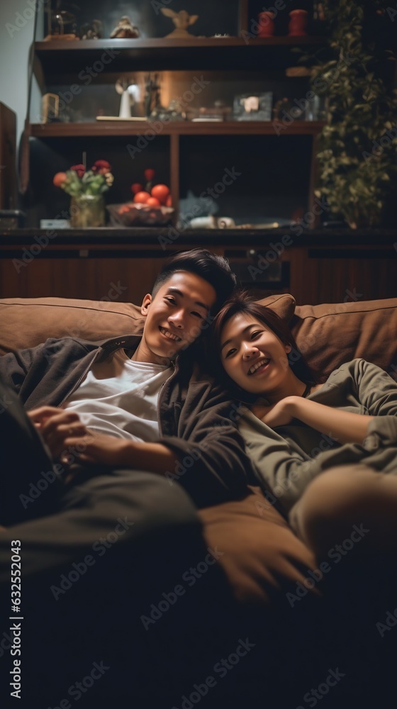 Generative AI : Adult people asia single man sit on sofa at home read and look at girl photo post on phone Relax smile choose lover enjoy play right swipe on tinder app to find love couple in fun matc Generative AI : Adult people asia single man sit on sofa at home read and look at girl photo post on phone Relax smile choose lover enjoy play right swipe on tinder app to find love couple in fun matc