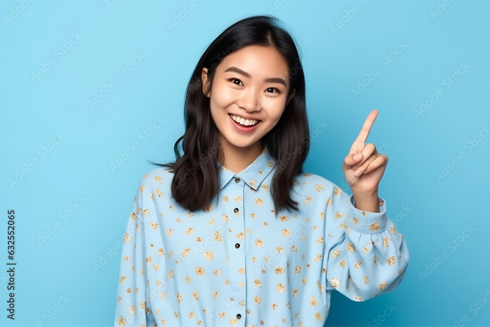 Generative AI : Happy asian woman travel backpacker standing pointing hands to copyspace on blue background Cute asia girl smiling wearing casual jeans shirt and finger pointing to aside for present p - obrazy, fototapety, plakaty 