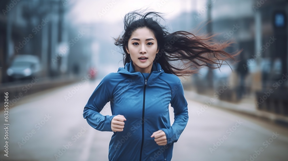 Generative AI : Young attractive asian runner woman running in urban city street or foot path way listen to music wearing blue or black sporty gadget and hat in leisure sport concept in morning run wi Generative AI : Young attractive asian runner woman running in urban city street or foot path way listen to music wearing blue or black sporty gadget and hat in leisure sport concept in morning run wi
