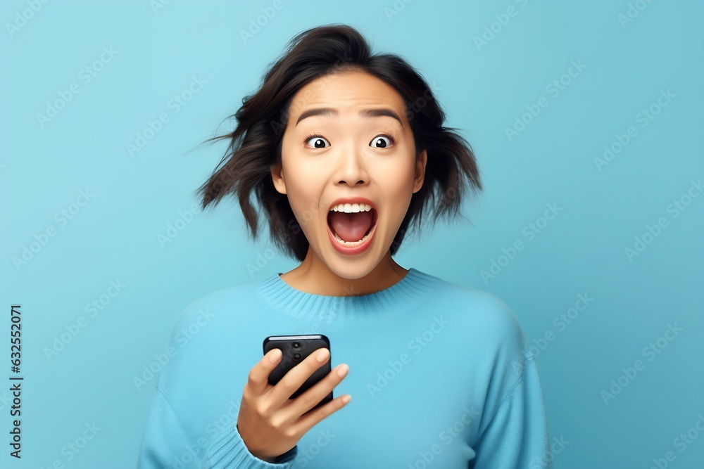 Generative AI : Happy asian woman travel backpacker shouting open mouth to copyspace on blue background Cute asia girl smiling wearing casual jeans shirt and looking to aside for present promotions