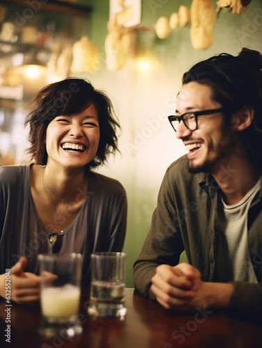 Generative AI   Asian couple enjoying date and talking in cafe Happy smile woman chatting and laughing with boyfriend at restaurant cafe