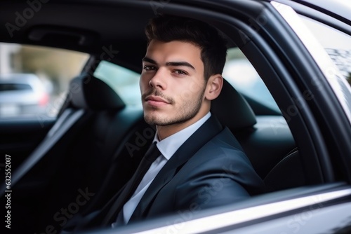 portrait of a handsome young man sitting in the backseat of a car