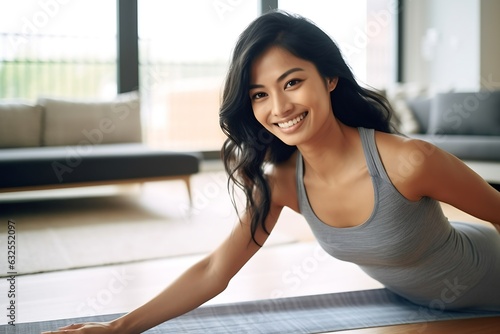 Free Download Generative AI : Young attractive asian woman stretching yoga at home with concept of activity in quarantine coronavirus breakout crisis and social distancing happy smiling and pose to camera Wellness  - GFXLoad