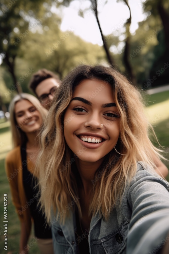 shot of a young woman taking selfies with her friends at the park shot of a young woman taking selfies with her friends at the park
