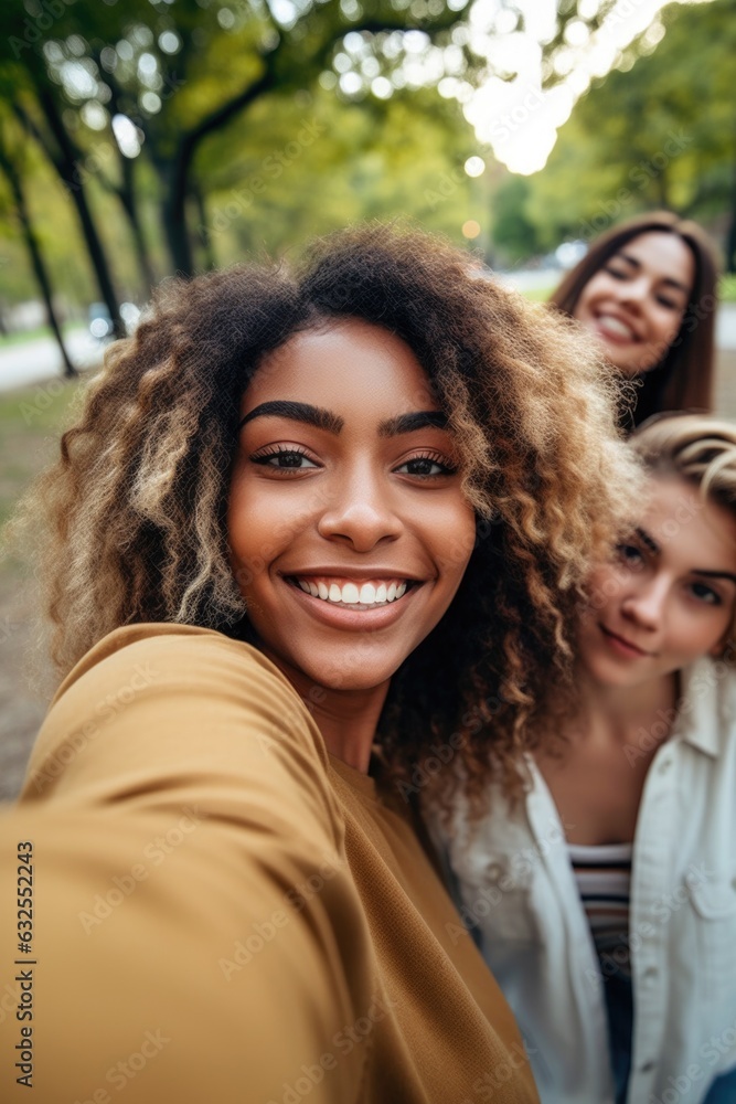shot of a young woman taking selfies with her friends at the park shot of a young woman taking selfies with her friends at the park