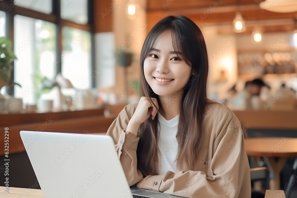Generative AI : Asia young casual people teen girl woman sitting relax smile work anywhere at table cafe coffee shop workspace typing email self study MBA lesson reskill career upskill job hybrid work