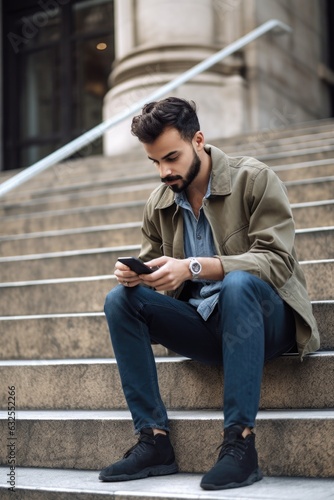 shot of a young man using his cellphone on the steps outside © altitudevisual