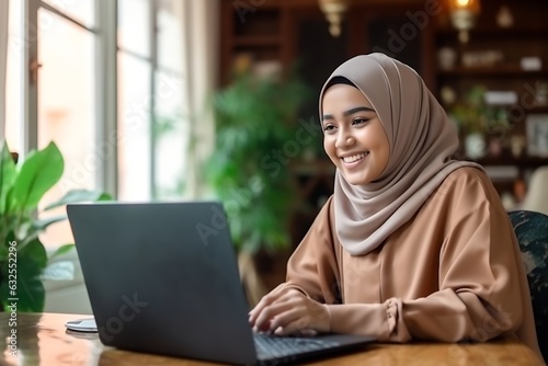 Generative AI : Asia arab people young woman wear hijab headscarf plan study MBA college class note idea data in sale report remote work at home on laptop Happy advisor lifestyle smile cowork smart wo
