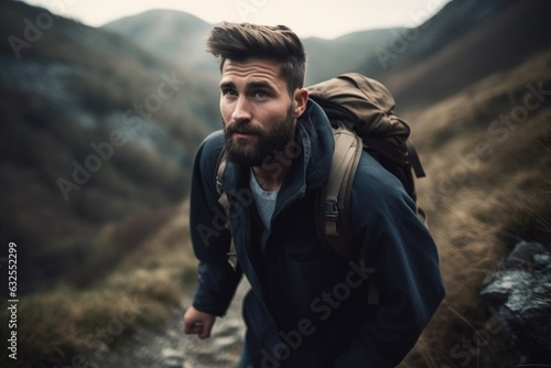 shot of a young man hiking through the mountains