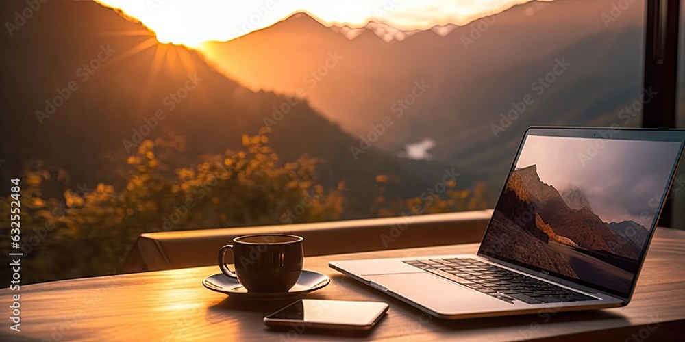 Modern freelancing. Workspace with laptop and coffee on wooden table with nature background - obrazy, fototapety, plakaty 