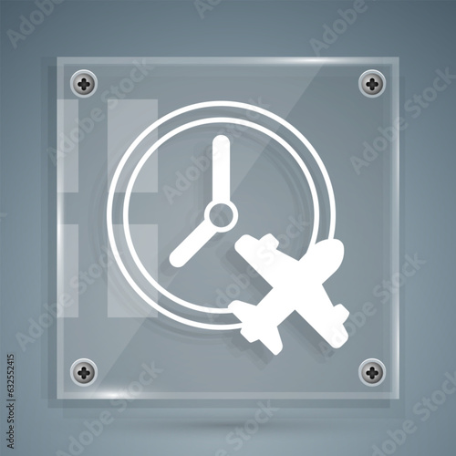 White Clock with airplane icon isolated on grey background. Designation of time before departure, check-in for flight and arrival time symbol. Square glass panels. Vector