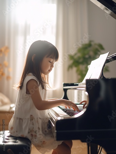 Generative AI : Young cute asia small girl relax showing music skill at home school classic jazz class Closeup hand little finger on chord key melody sheet for smart toddler alpha child upskill kid tr photo