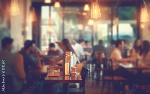 Generative AI : Abstract blur and defocused breakfast buffet at hotel restaurant interior for background with wide angle view Blurred bokeh light image background on coffee cafe shop or modern cafeter photo