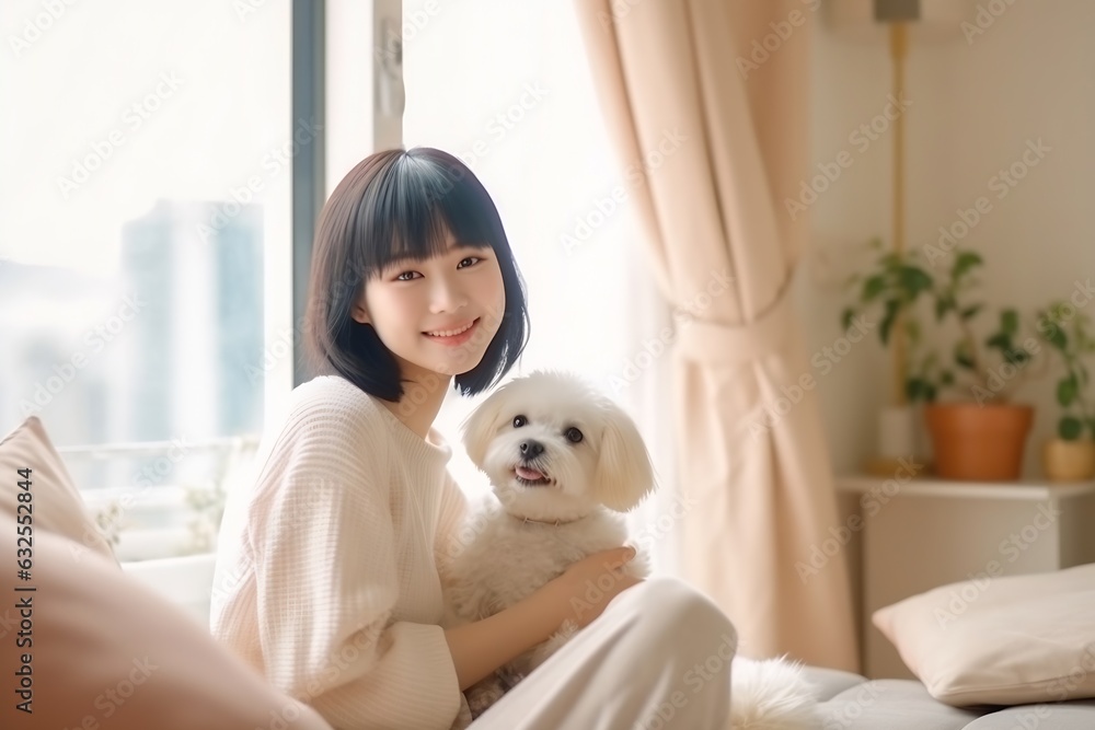 Generative AI : Asia lady girl smile sitting on bed joy fun playing with little cute dog or small pet in good warm happy time humor at cozy home Teen enjoy rest in weekend life balance with baby paw o Generative AI : Asia lady girl smile sitting on bed joy fun playing with little cute dog or small pet in good warm happy time humor at cozy home Teen enjoy rest in weekend life balance with baby paw o