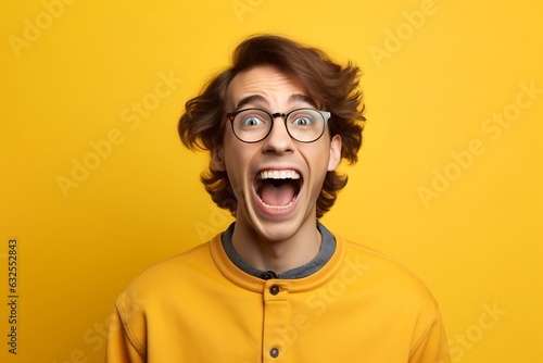 Generative AI : Young attractive asian man in casual white shirt looking at camera with feeling amazed excited or shocked face with open mouth on isolated yellow background Funny face expression conce © Generative AI