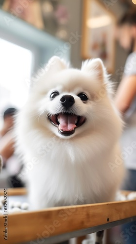 Generative AI : Adorable pomeranian dog smiling looking at camera showing tongue and laid down on wooden floor with natural sunlight and copy space Cute pet toy or baby dog in feeling relax in home or