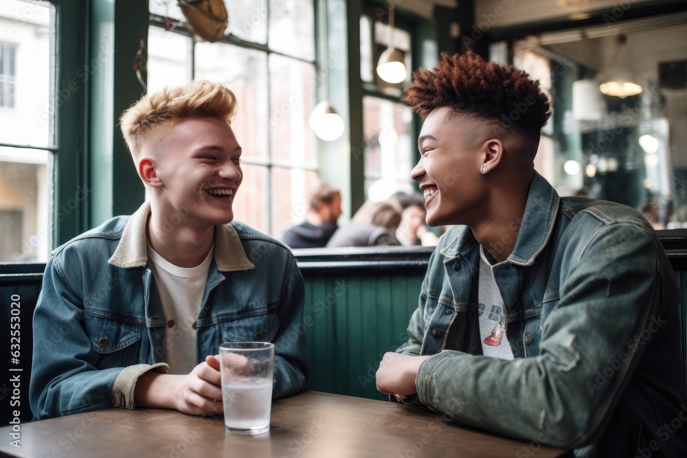 two smiling young men chatting in their local cafe