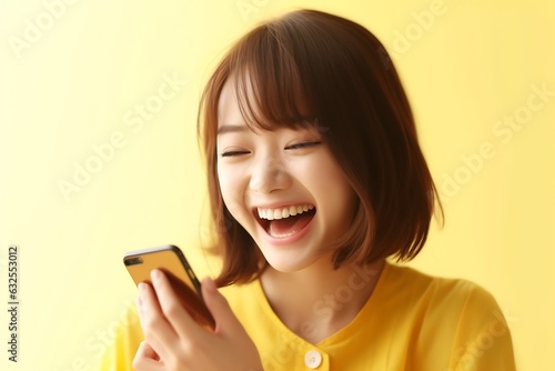 Generative AI : A beautiful asian woman using on the smart phone with feeling relax and smiley face © Generative AI