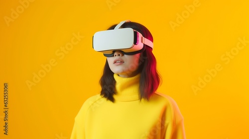 Generative AI : Young asian woman in casual yellow shirt wearing VR glasses watching video or enjoy playing videogame feeling excited amazed and fun experience in entertainment technology Virtual real © Generative AI
