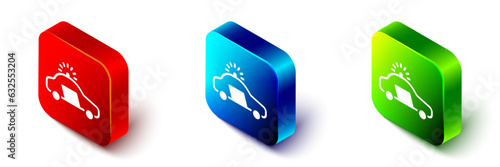 Isometric Police car and police flasher icon isolated on white background. Emergency flashing siren. Red, blue and green square button. Vector