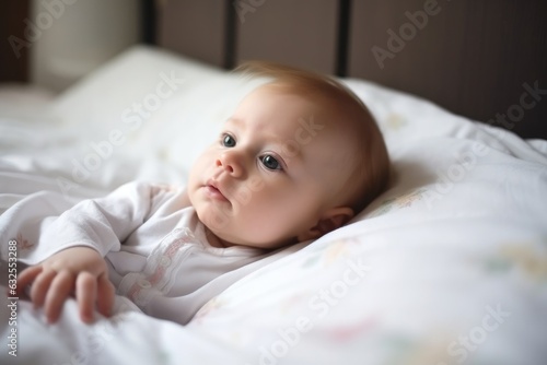 portrait of baby resting peacefully on a bed at home