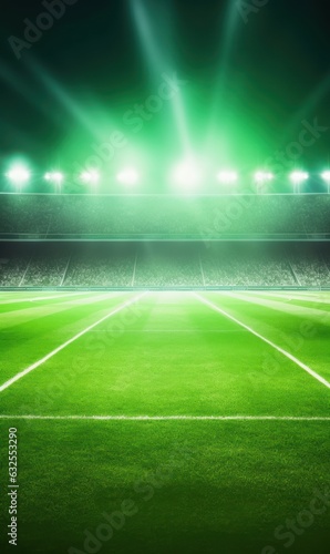 Green soccer field with bright lights in the back - Football stadium game night - Soccer net and goal
