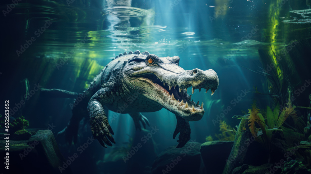 Scary Alligator Swimming in Murky Underwater World Scary Alligator Swimming in Murky Underwater World