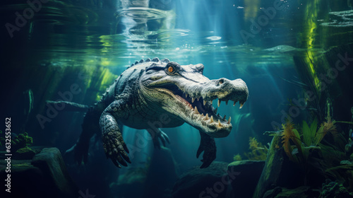 Scary Alligator Swimming in Murky Underwater World © OneByOne